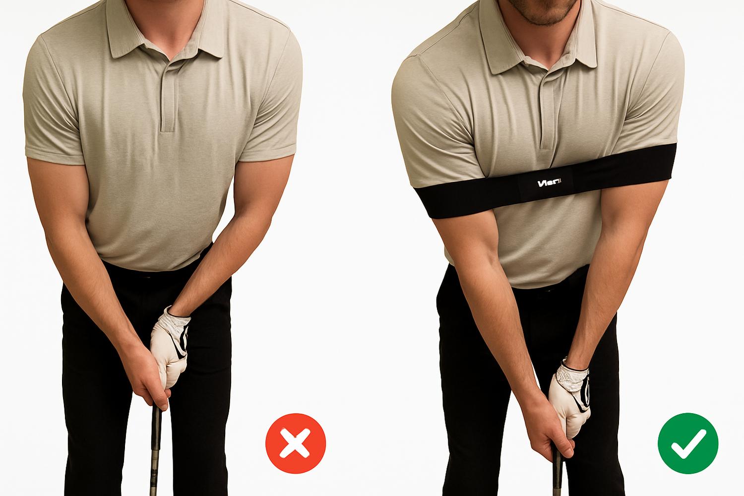 Golf swing comparison with correct and incorrect forms on a white background