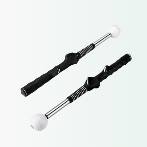 Pair of Nextra® black telescopic golf swing trainers. Portable practice aid designed for tempo training and grip correction.
