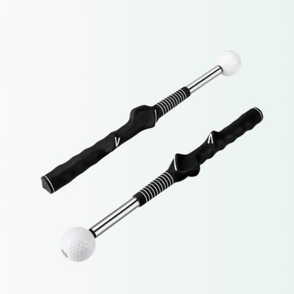 Pair of Nextra® black telescopic golf swing trainers. Portable practice aid designed for tempo training and grip correction.