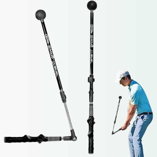 Golf training aid with adjustable length next to a golfer in action on a white background