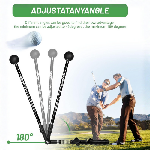 Golf swing trainer with adjustable angles on a golf course background