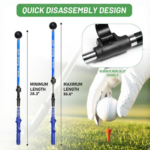Golf club with quick disassembly design features, including measurements and a close-up of the handle.