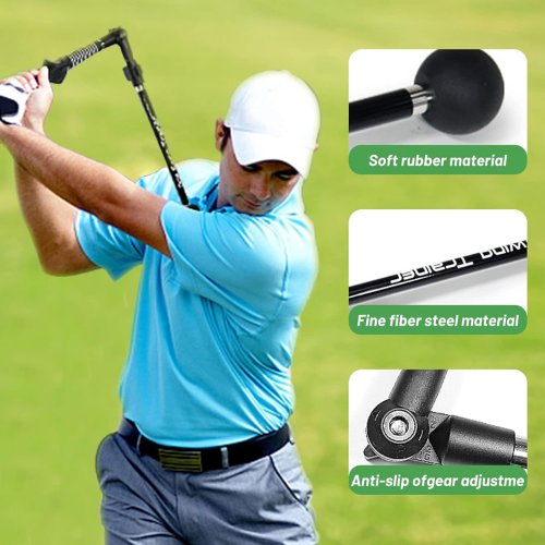 Golfer swinging a golf club with close-up details on material and design.