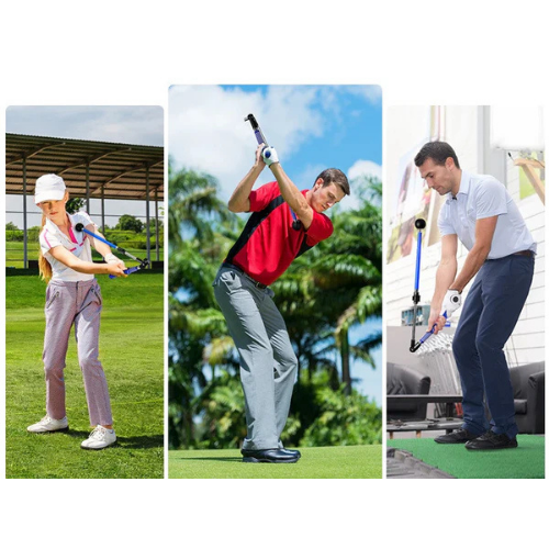 Three people using golf training aids in different settings.