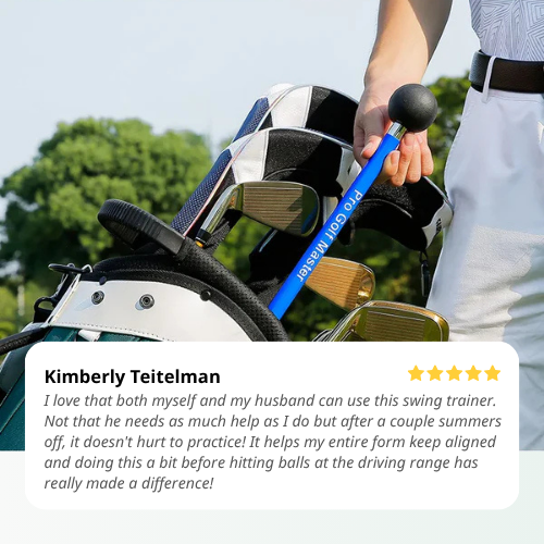 Golf swing trainer with a golf club, held by a person, with a review overlay.
