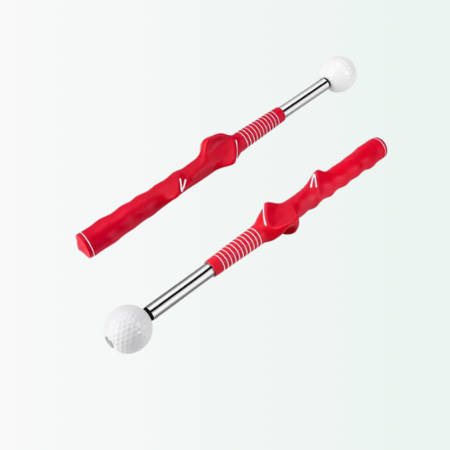 Pair of Nextra® red golf swing training sticks showing weighted head and ergonomic grip. Ideal warm-up tool for improving tempo.