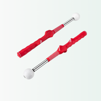Pair of Nextra® red golf swing training sticks showing weighted head and ergonomic grip. Ideal warm-up tool for improving tempo.
