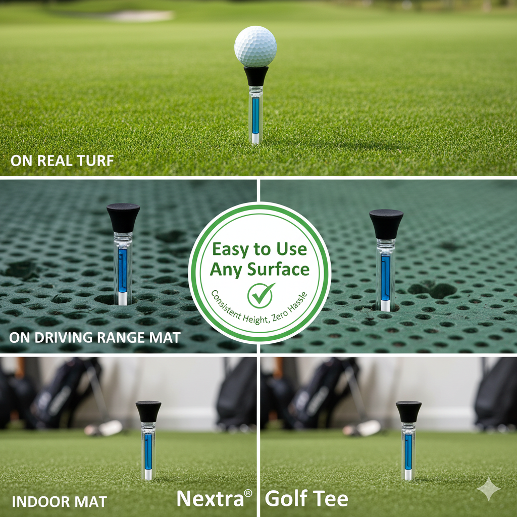 Golf tee on real turf, driving range mat, and indoor mat with text 'Easy to Use Any Surface'.