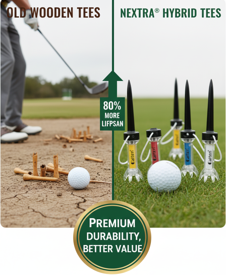 Comparison of old wooden tees and Nextra hybrid tees with a golf ball on grass.