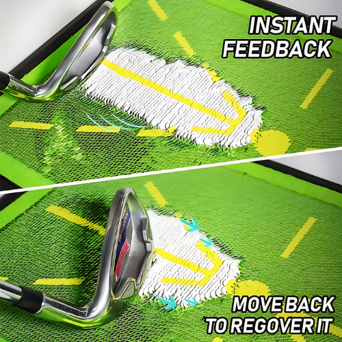 Golf club hitting a golf ball on a green mat with text about instant feedback and recovering the ball.