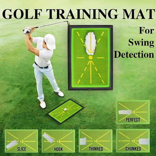 Golf training mat with a golfer swinging and detection indicators on a green background