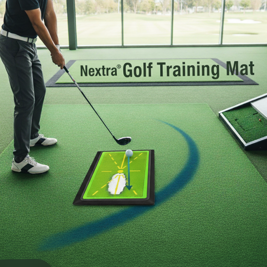 Person practicing golf swings on a Nextra Golf Training Mat indoors.