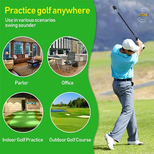 Golf simulator setup with a golfer swinging a club on a green screen, surrounded by images of indoor and outdoor settings.