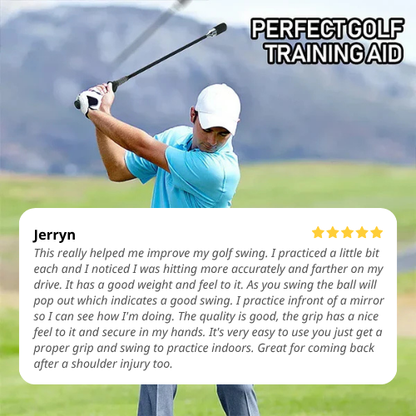 Golfer using a training aid with a five-star rating text overlay on a golf course.