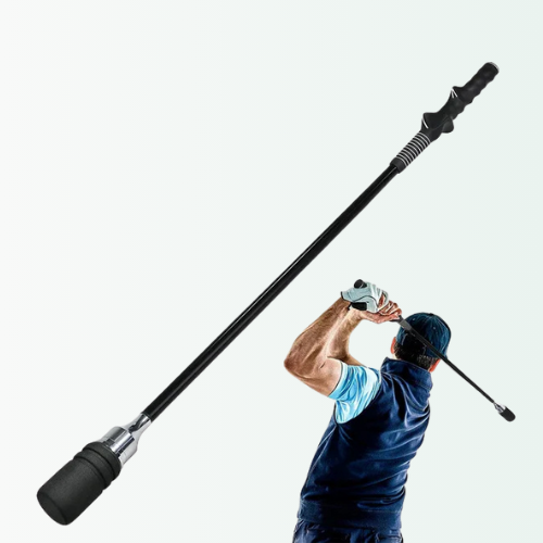 Person using a golf training aid on a white background
