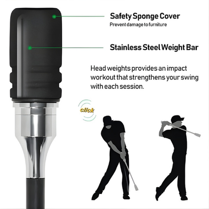 Golf training aid with safety sponge cover and stainless steel weight bar, featuring silhouettes of a golfer in action.