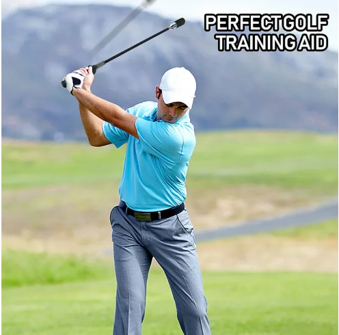 Man in blue shirt and white cap swinging a golf club on a golf course with 'Perfect Golf Training Aid' text.