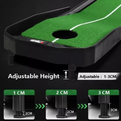 Adjustable height putting green with green grass and black border on a dark background