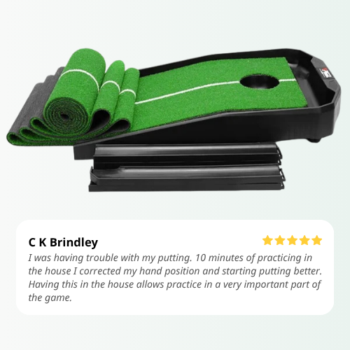 Portable mini golf putting green with a customer review on a white background