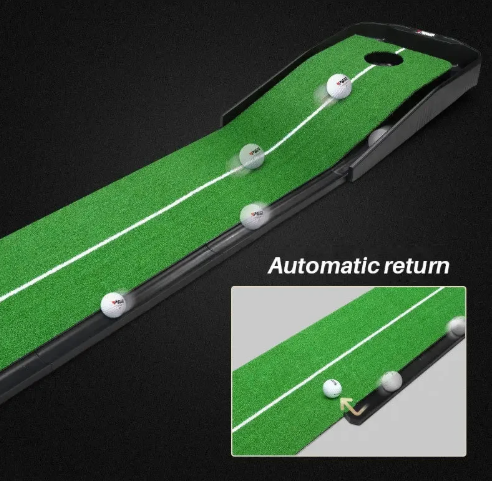 Golf practice mat with automatic ball return feature on a black background