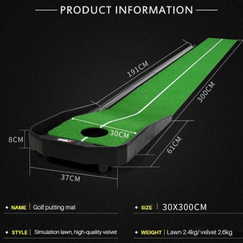 Golf putting mat with dimensions on a black background