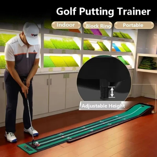 Golf putting trainer with adjustable height feature in a indoor setting