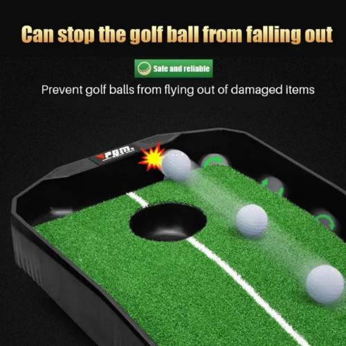 Golf practice device with golf balls on a green surface, featuring text about preventing golf balls from falling out.