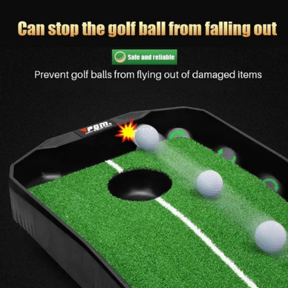 Golf practice device with golf balls on a green surface, featuring text about preventing golf balls from falling out.