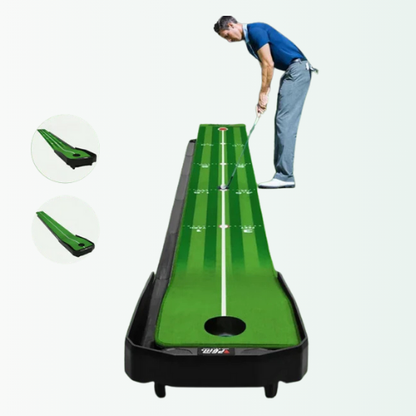 Man playing golf on a green simulator with accessories displayed.
