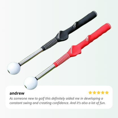 5-star customer review for Nextra® swing trainer featuring both red and black variants. Users praise it for developing consistent swing and confidence.