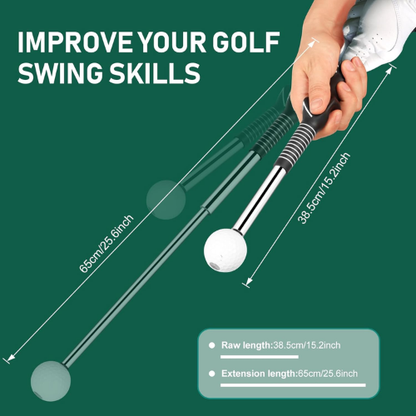 Dimension guide for Nextra® golf swing trainer. Specifications showing raw length of 38.5cm (15.2 inch) and extended length of 65cm (25.6 inch).