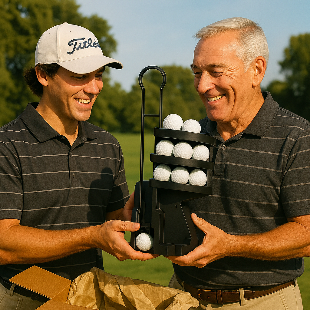 Two men holding a cart of golf balls on a golf course