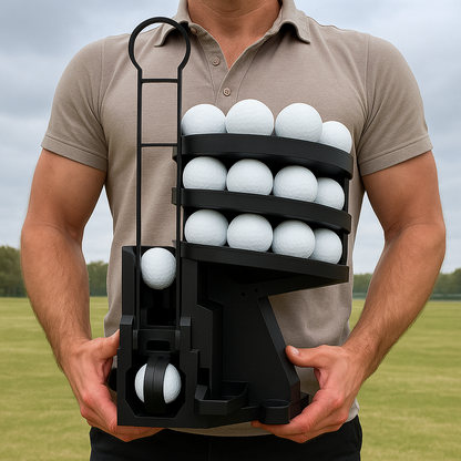 Person holding a black golf ball holder with multiple golf balls on a grassy field.