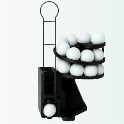 Black golf ball retriever with multiple balls on a white background