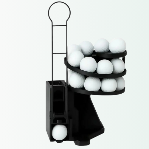 Black golf ball retriever with multiple balls on a white background