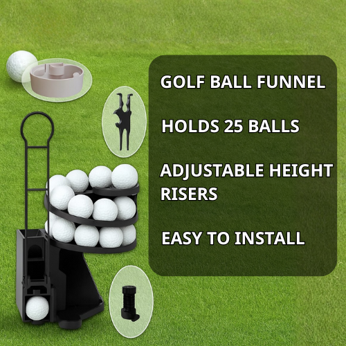 Golf ball funnel with adjustable height risers on a green grass background