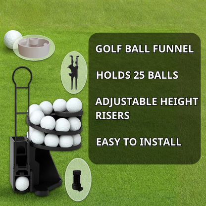 Golf ball funnel with adjustable height risers on a green grass background