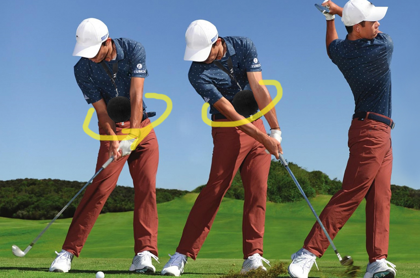 Golf instructional image showing a golfer in three different stages of a swing on a golf course.