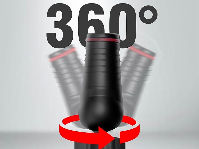 Black cylindrical object with '360°' text and red arrow on a gray background