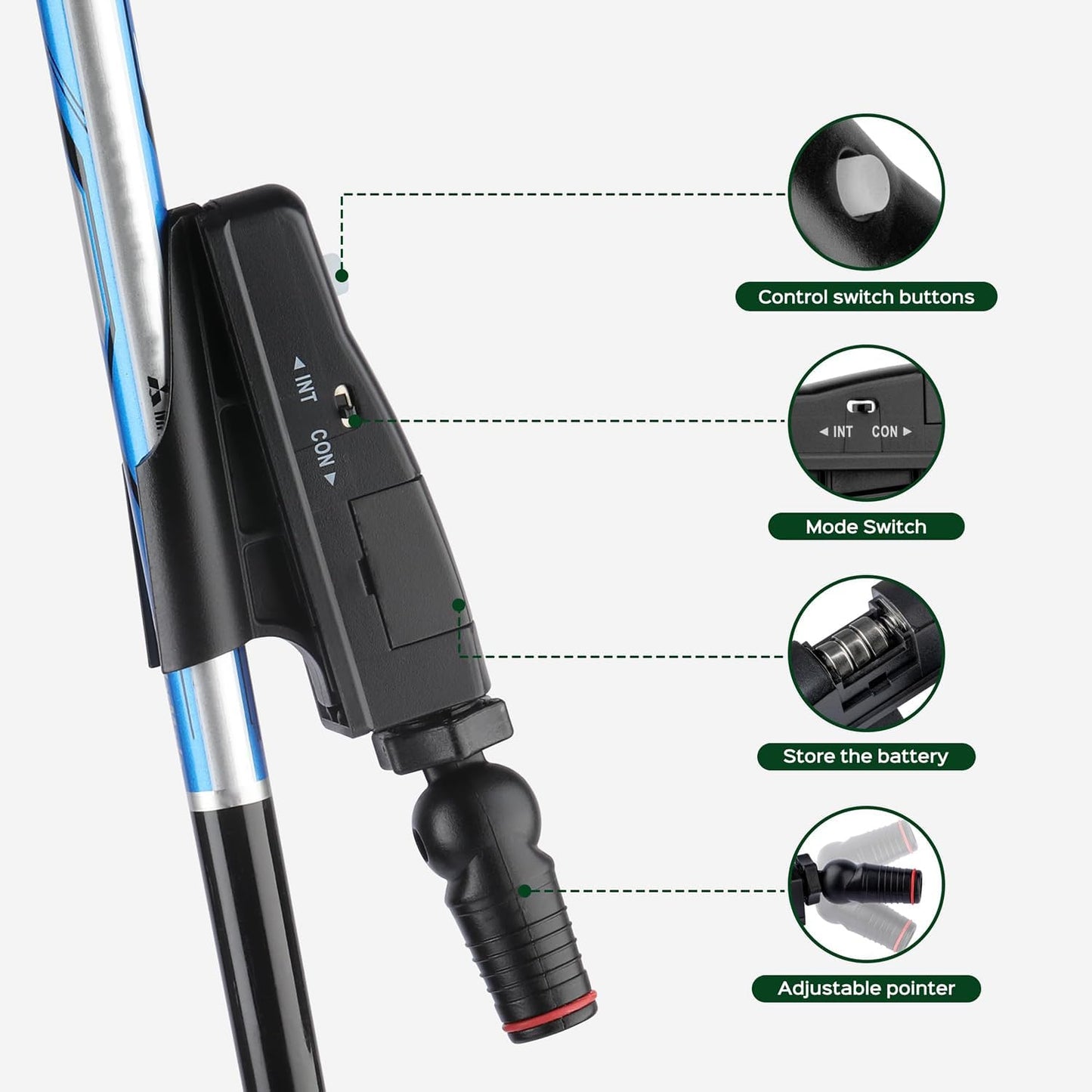 Golf club head cover with control switch buttons and mode switch on a white background