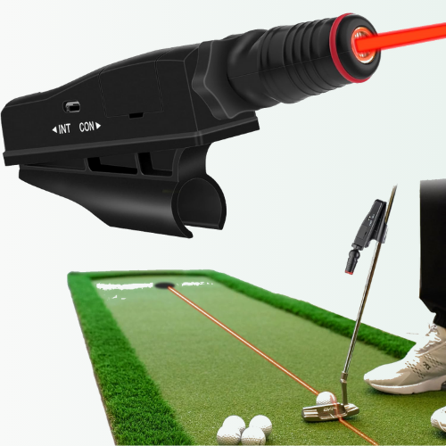 Golf practice mat with laser line and golf equipment on a white background