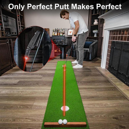 Person practicing golf putting on a indoor putting green with text 'Only Perfect Putt Makes Perfect'.