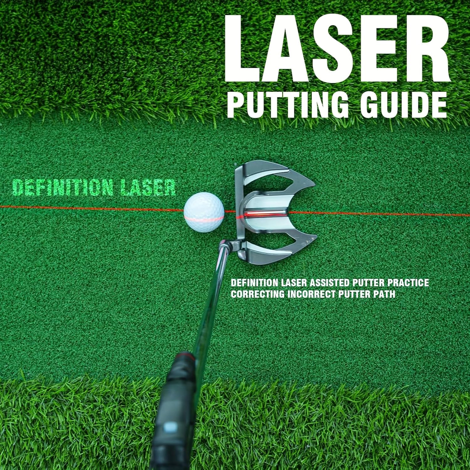 Golf putter with laser device on a green grass background, promoting a laser putting guide.