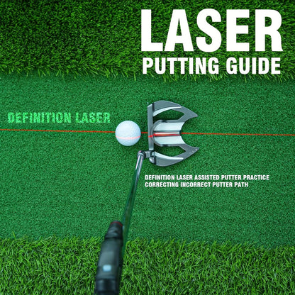 Golf putter with laser device on a green grass background, promoting a laser putting guide.