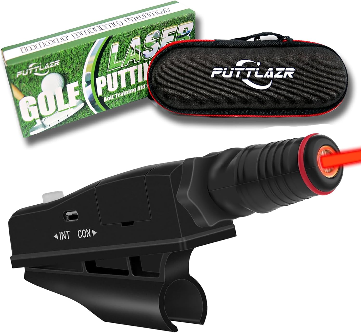 Golf laser putter with Puttlazr packaging and carrying case on a white background