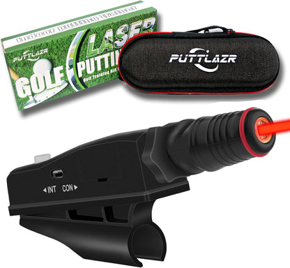 Golf laser putter with Puttlazr packaging and carrying case on a white background